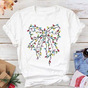 Christmas Light Coquette Bow T-Shirt, Retro Christmas Shirt